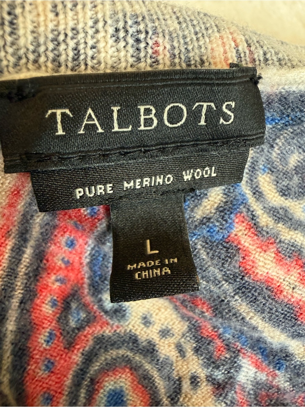 Talbots Classic Merino Wool Paisley Button Front Cardigan Sweater L Blue/Rose - Picture 6 of 13